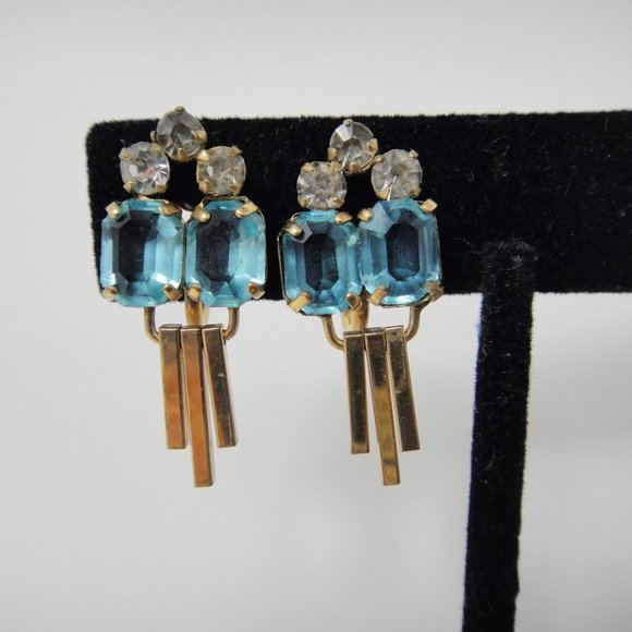 Vtg 12K GF Aqua Rhinestone Pin Pendant Earring M&S - Picture 2 of 10